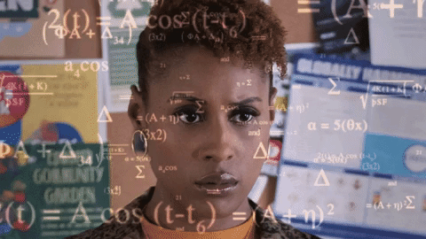 Complex math equations overlaying stoic woman