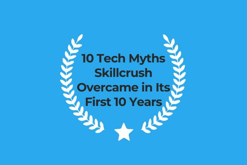 White wreath on blue background with text "10 Tech Myths Skillcrush Overcame in Its First 10 Years"
