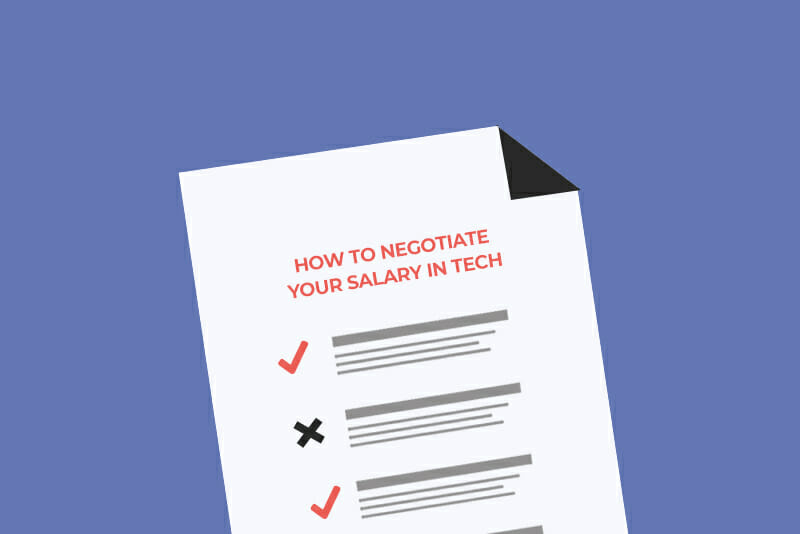 Checklist of items titled "How to Negotiate Your Salary in Tech" on a piece of white paper on a purple background