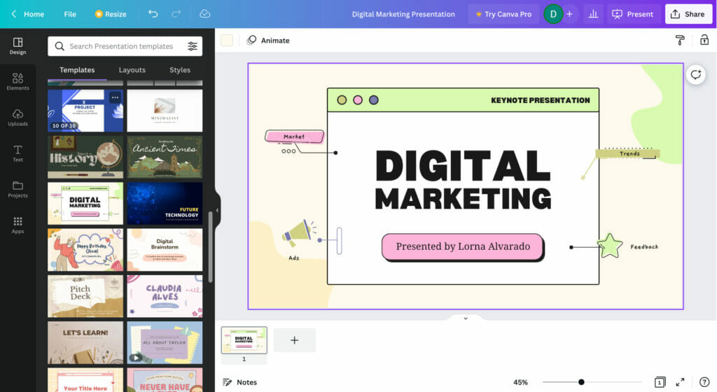 Canva tool with digital marketing presentation