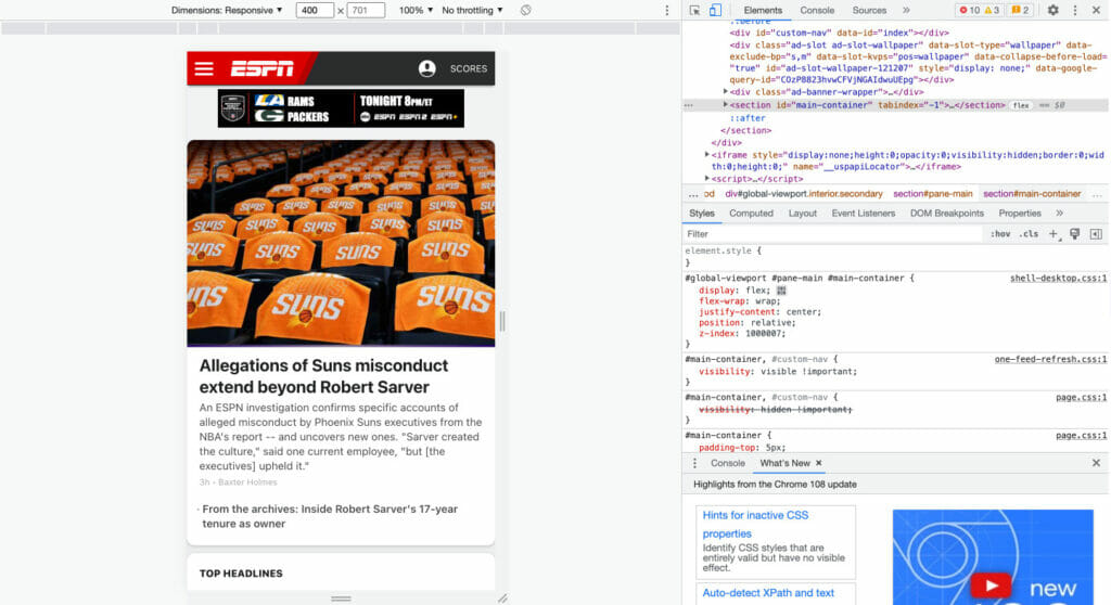 Split screen with ESPN.com on left side and Chrome DevTool on right side