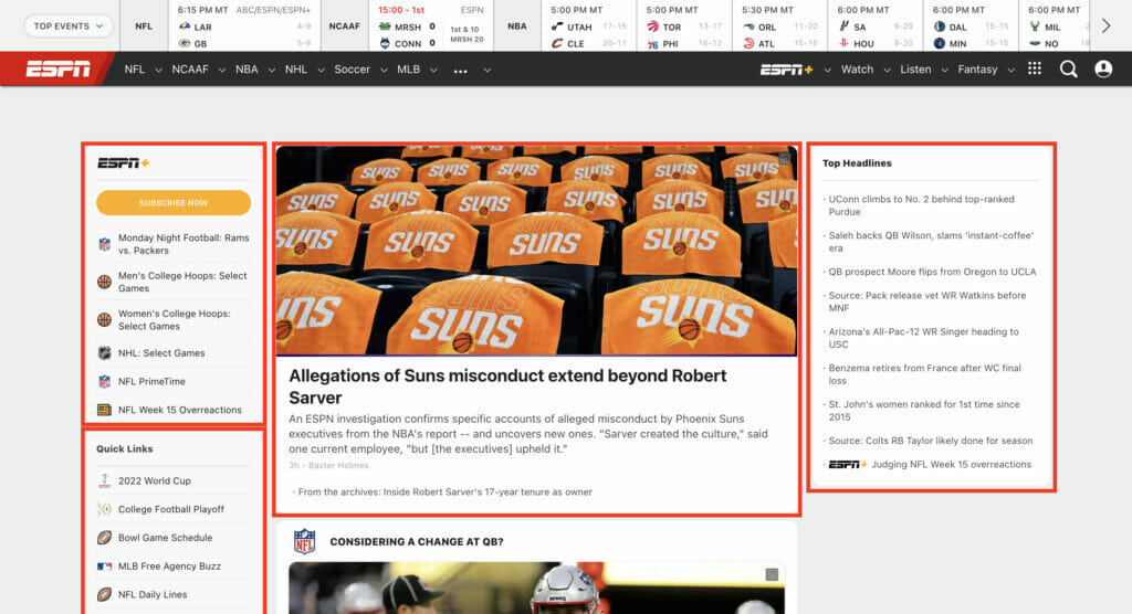 Image of ESPN.com home page with game scores on left side of screen, news stories in middle column, and headlines on right side