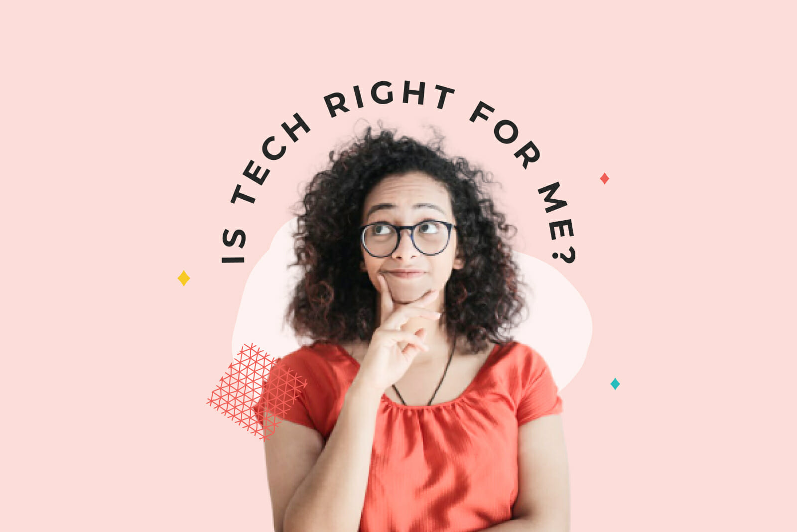 Girl in pink shirt with curly hair and glasses has hand ponders whether tech is right for her against a pink background