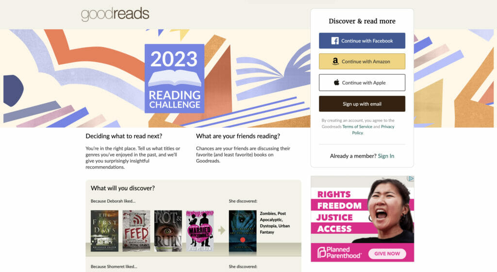 Goodreads homepage