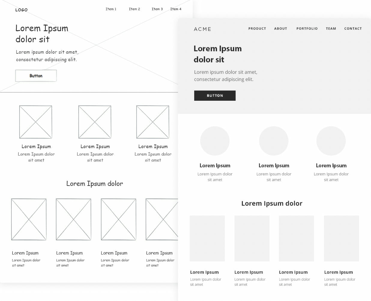 low-fidelity wireframe with placeholder text box and image placeholders 