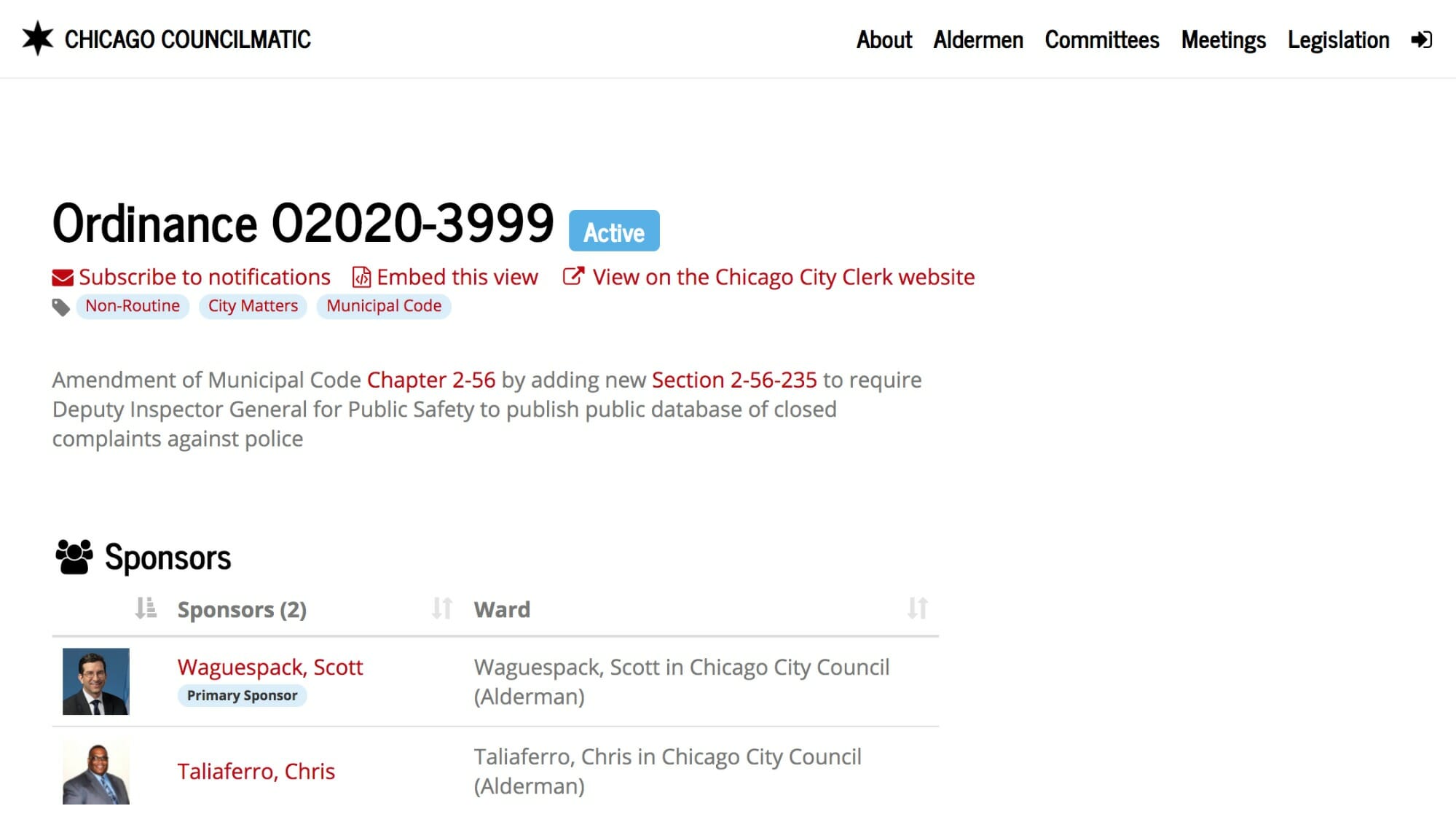 screenshot from the Councilmatic website of a local ordinance