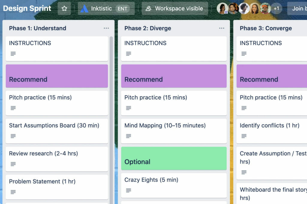 Trello tool with columns annotated with different phases of the design process