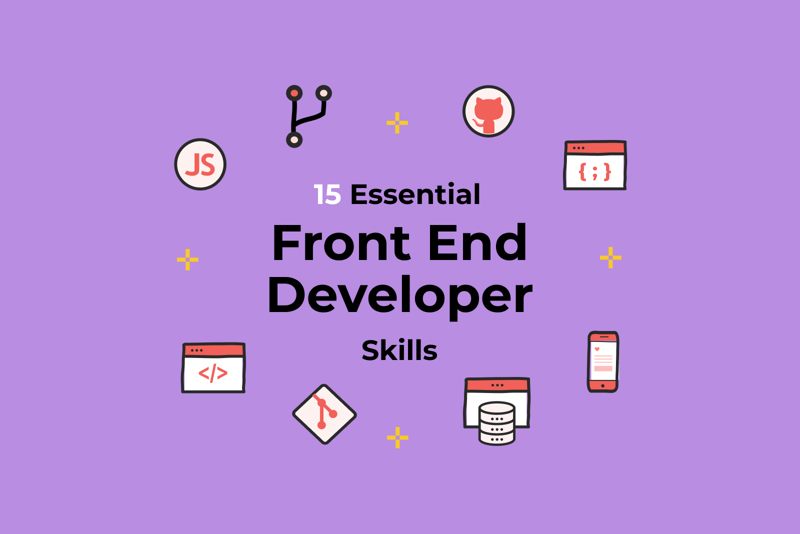 Black text on purple background reads "15 Essential Front End Developer Skills," and is surrounded by small multi-colored icons representing different technical skills including HTML, CSS, Git, Mobile Design, and JavaScript