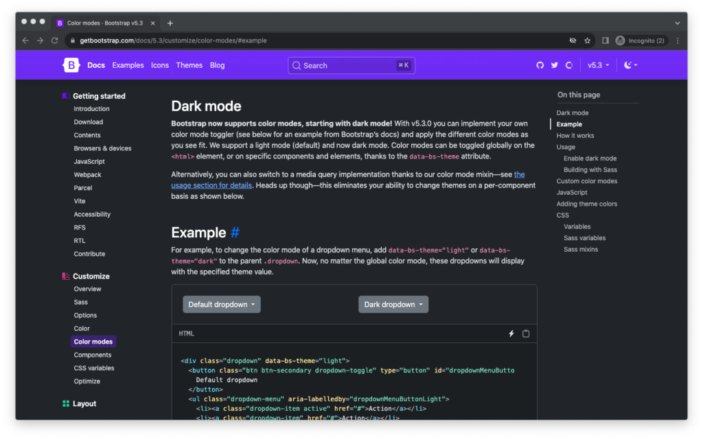 The Bootstrap website demonstrating dark mode.