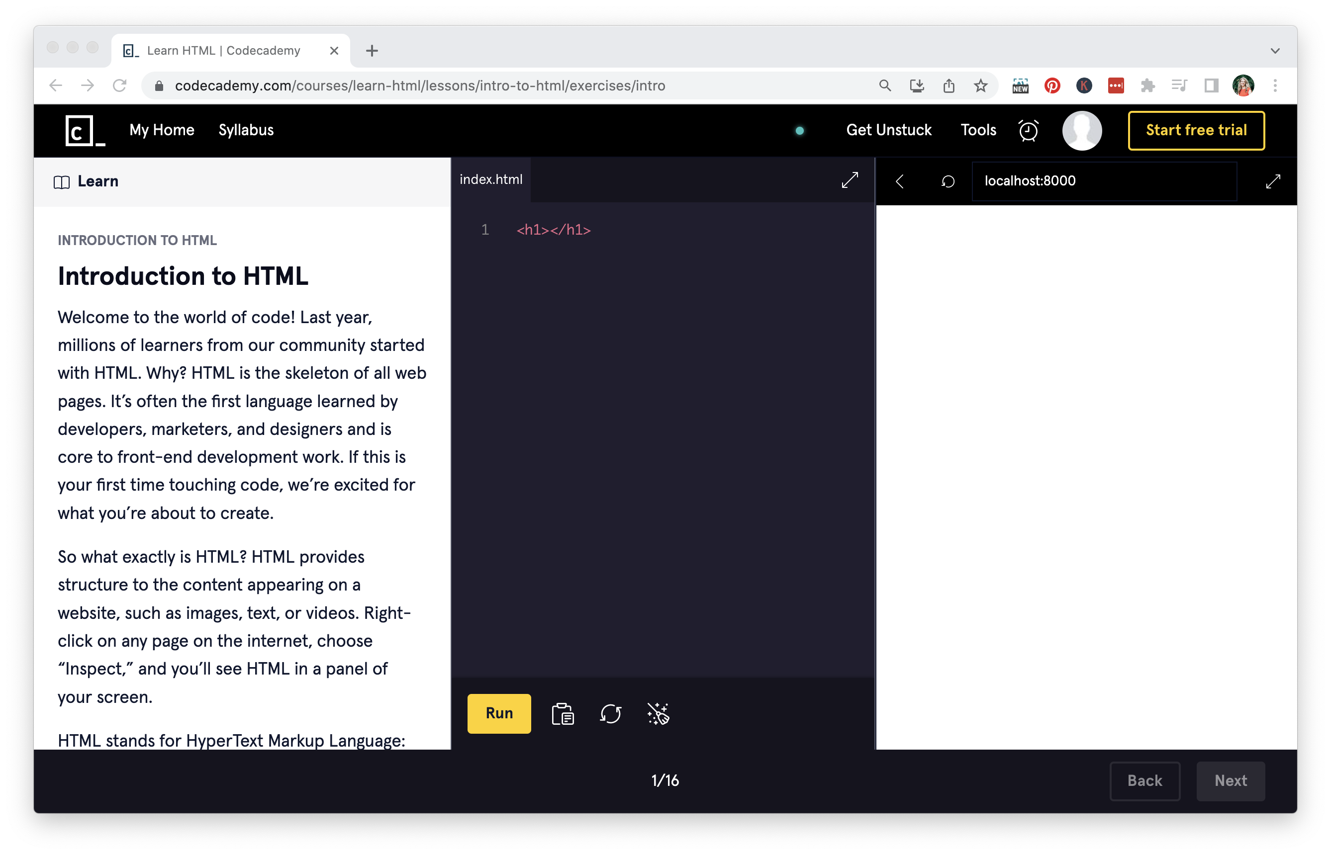 Codecademy, Intro to HTML