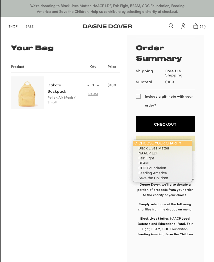image of a dagne dover checkout page with option to select a charity to donate to with your purchase