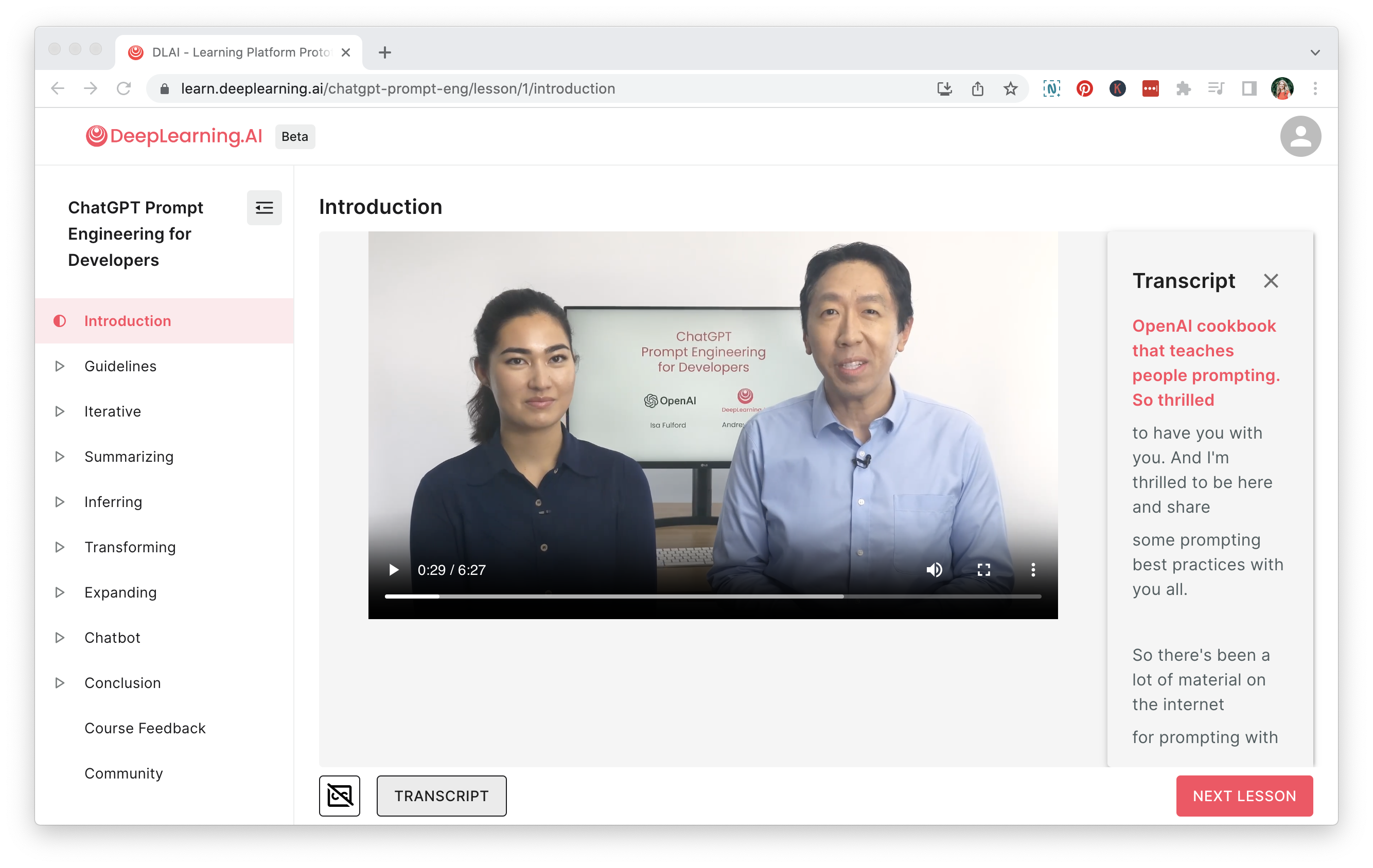 A video in the ChatGPT prompts for developers class featuring Isa Fulford and Andrew Ng