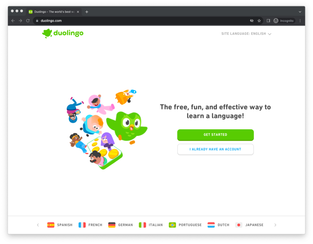 Screenshot of Duolingo, a website that uses Bootstrap