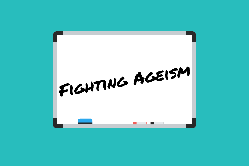 whiteboard illustration that says 'fighting ageism'