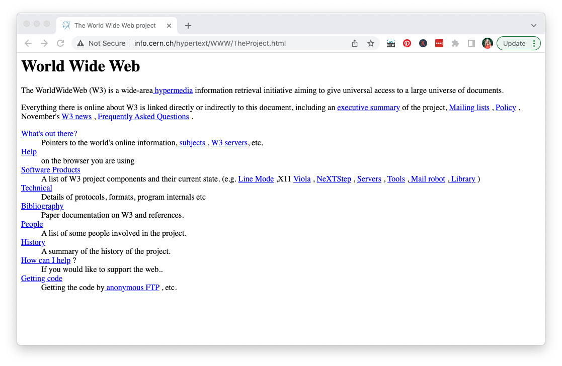 Image shows a screenshot of the first ever website with the title World Wide Web