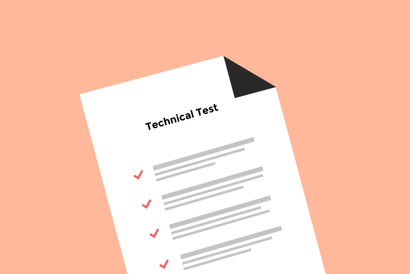 technical test written on test paper with checkmarks on a peach background