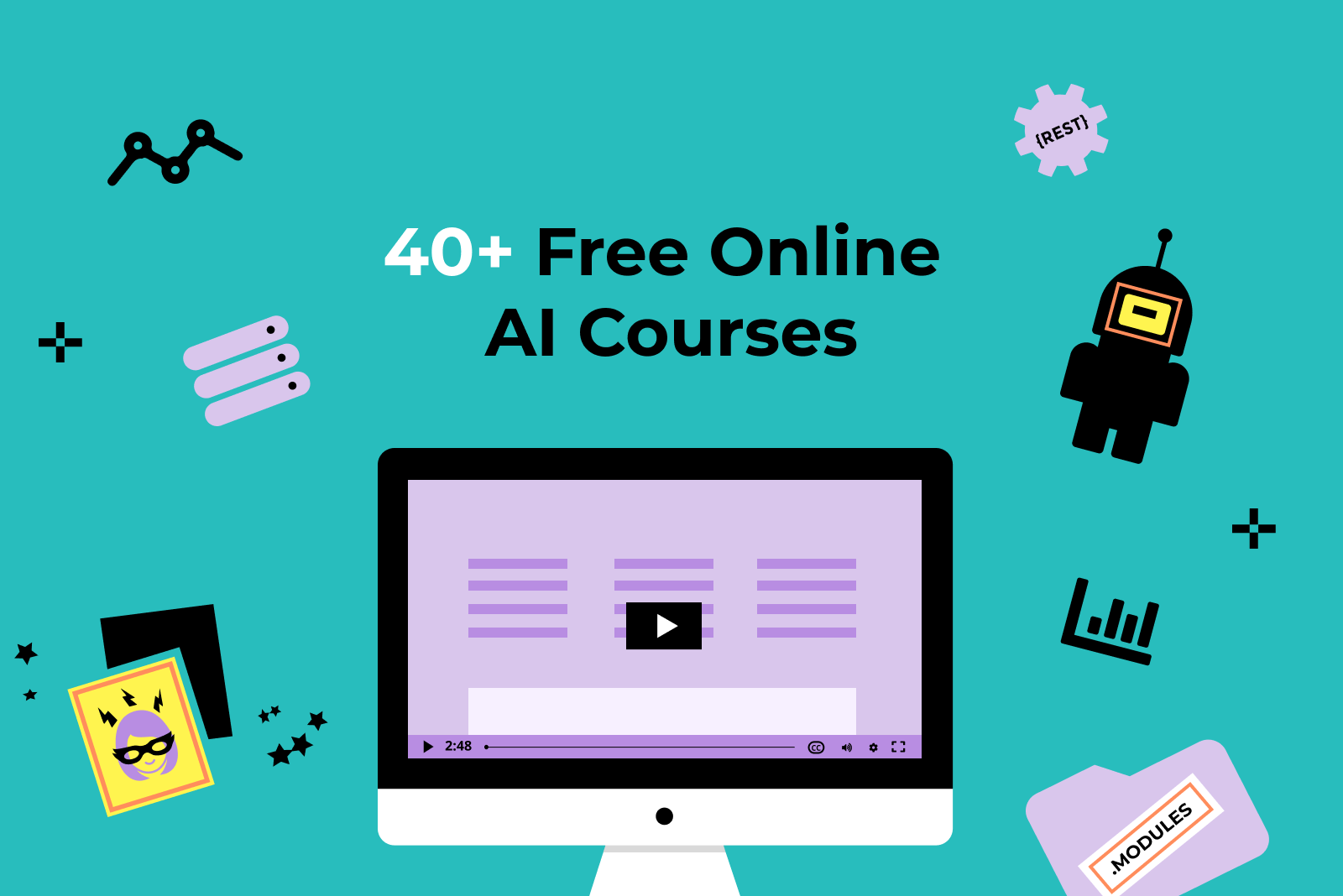 A computer screen with an online course and the text "40+ free online ai courses"