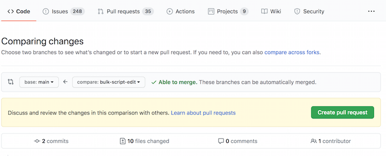 An image from the GitHub user interface showing the comparison between branches and the button to create a pull request.