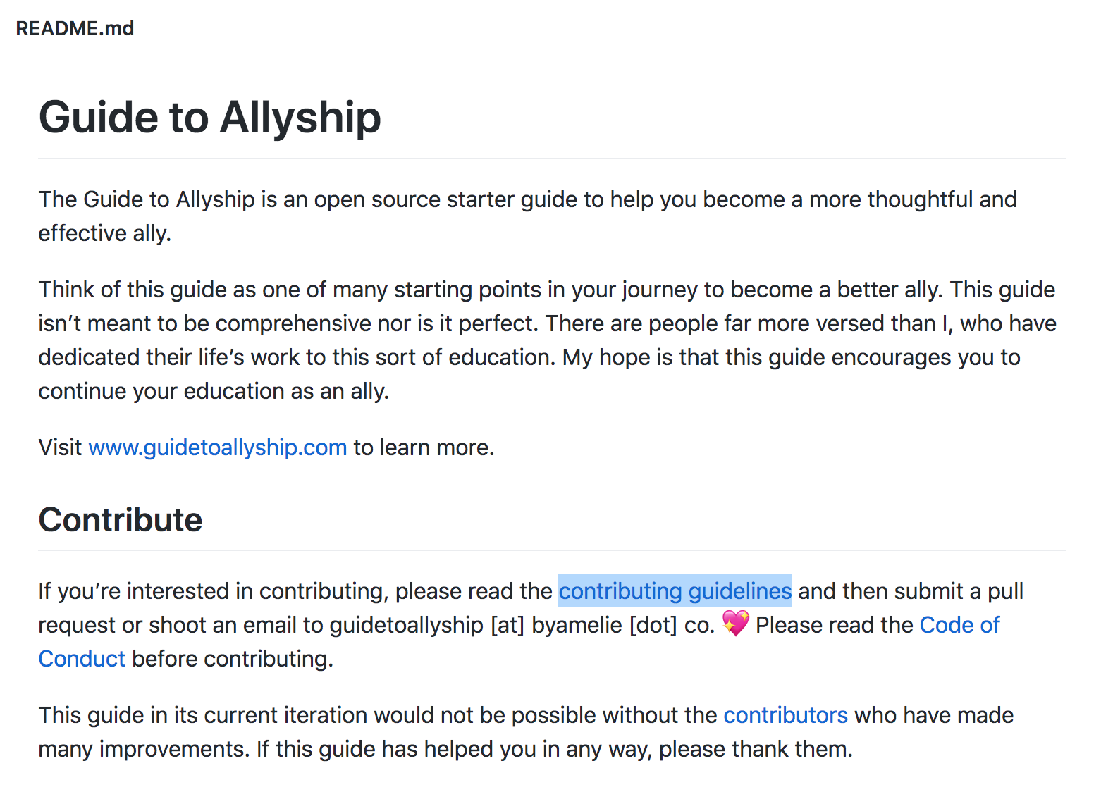An example of a README.md file from a Guide to Allyship project on GitHub