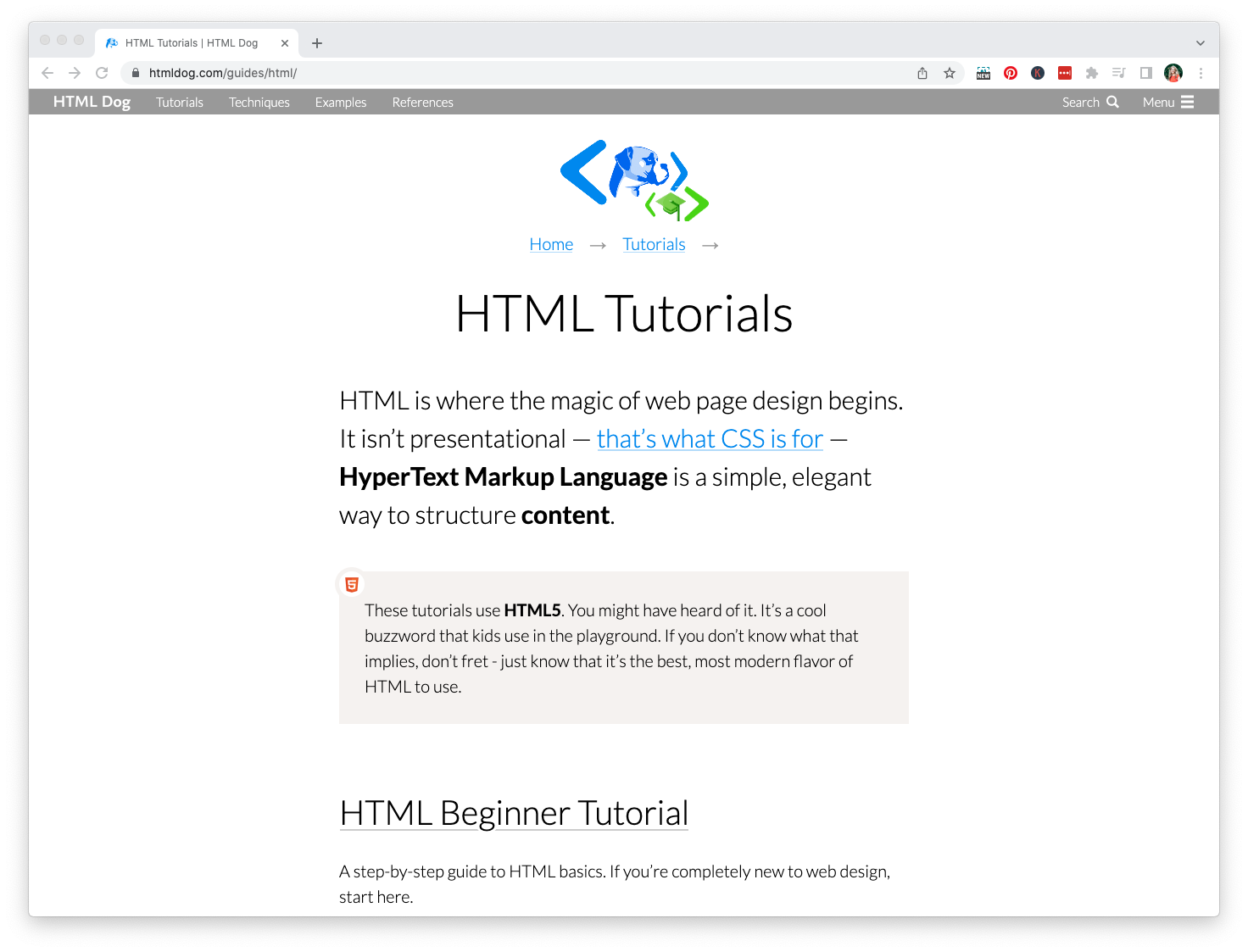 The first page of HTML Dog tutorial