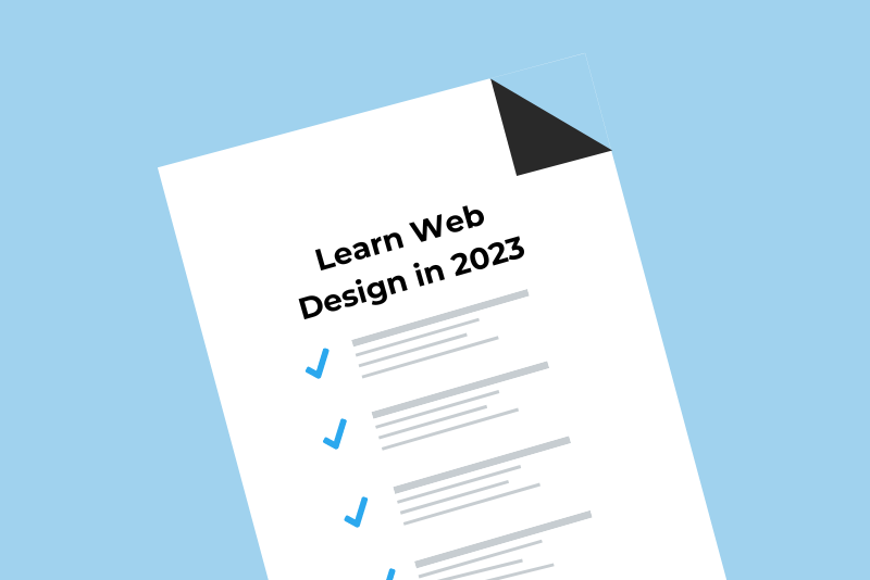 checklist labeled "Learn Web Design in 2023" on a blue background