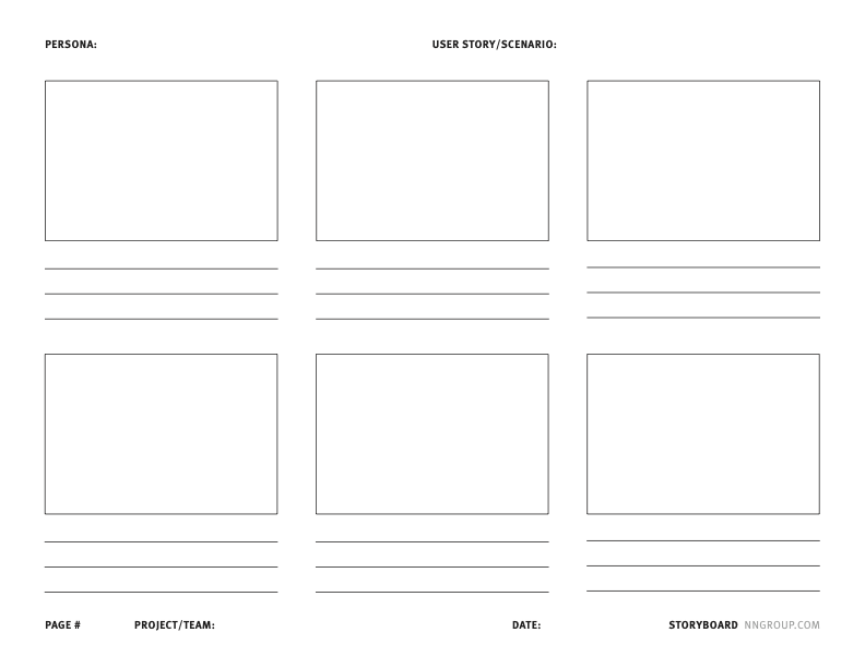 Blank storyboard template with image boxes and lines for captions