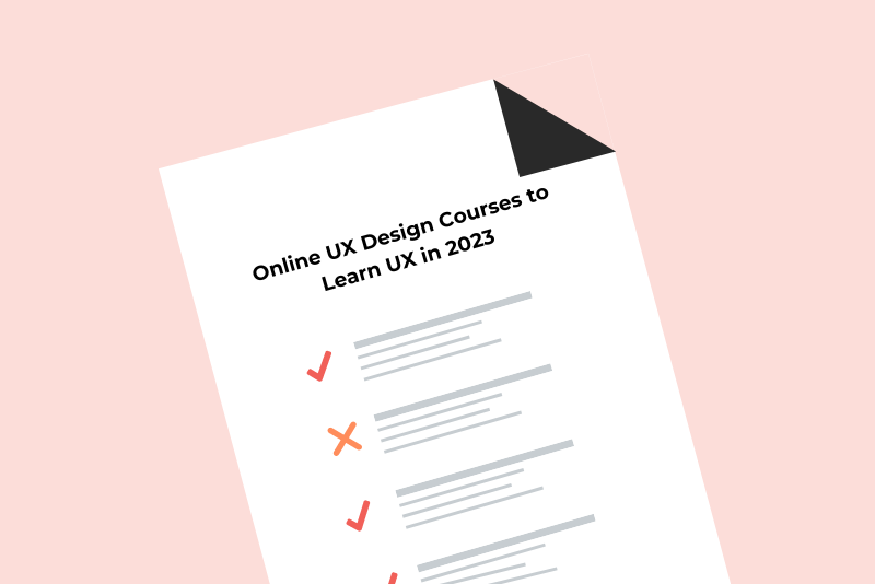 Paper checklist with title "Online UX Design Courses to Learn UX in 2023"
