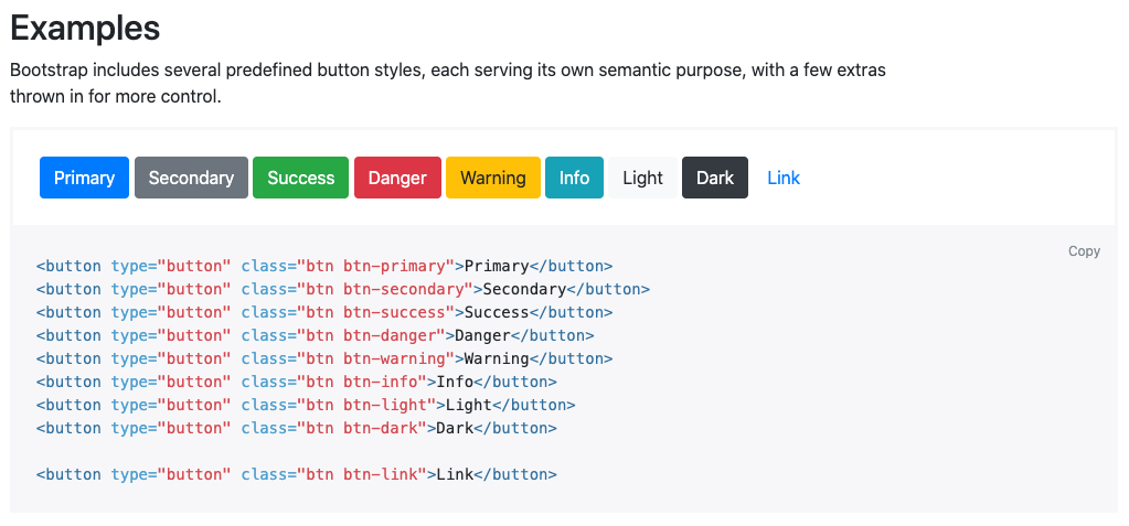 Screenshot from Bootstrap website shows different buttons available in the Bootstrap framework.
