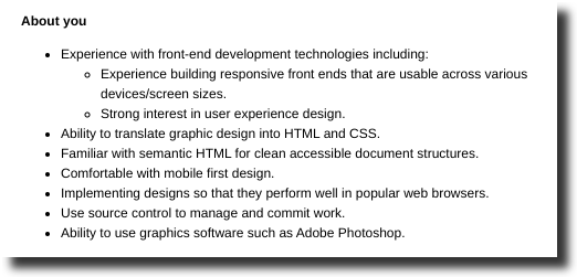 front end developer job posting skill level