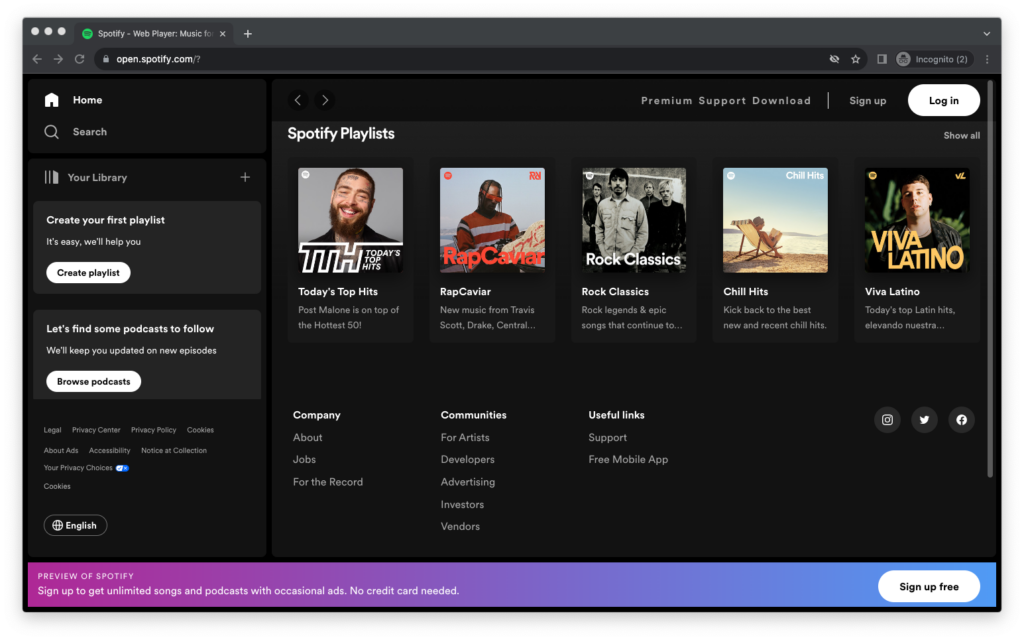 Screenshot of Spotify, a website that uses Bootstrap