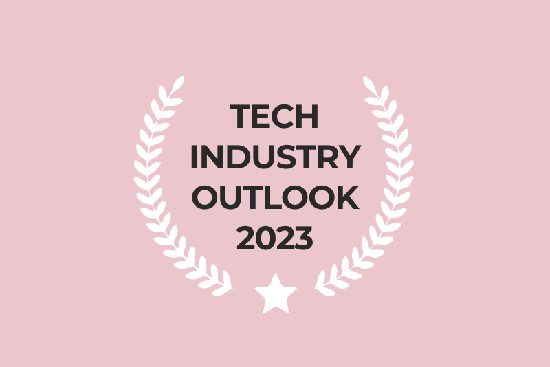 Pink graphic with text tech industry outlook 2023 in a wreath